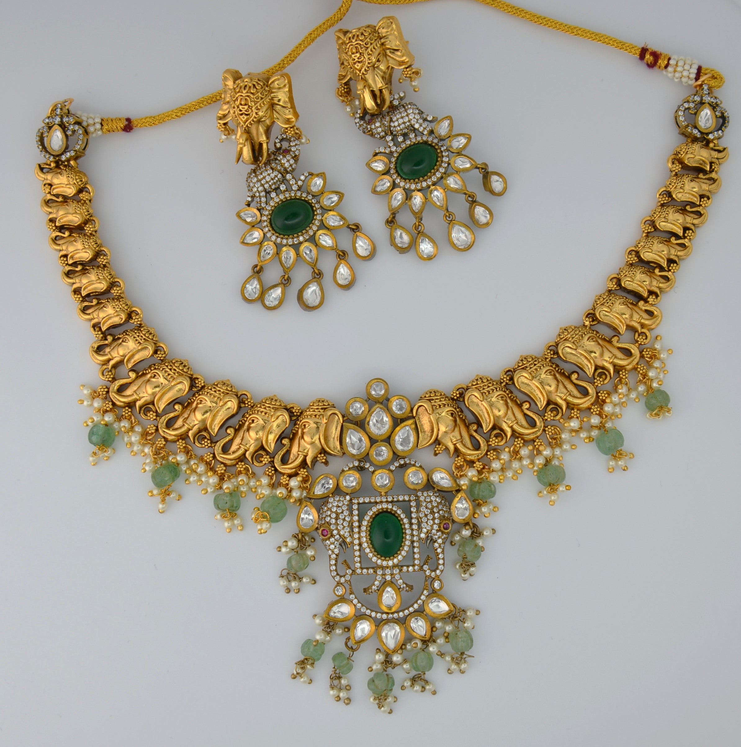 Emerald Green Elephant Motif Necklace And Earring Set