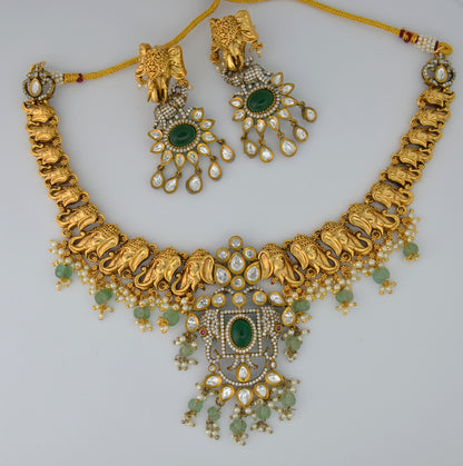 Emerald Green Elephant Motif Necklace And Earring Set