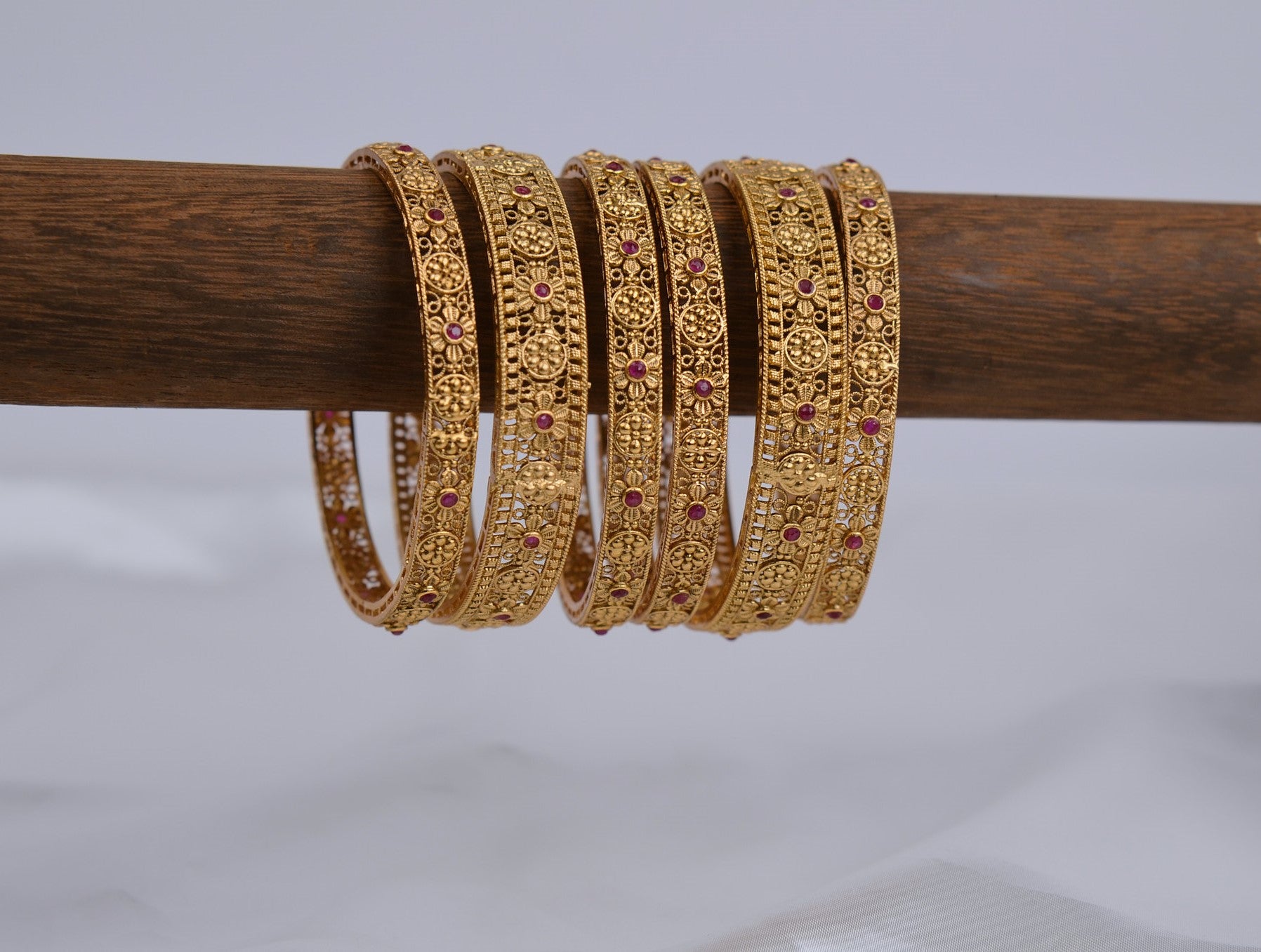 Traditional Ruby Floral Craved Set of 6 Bangles