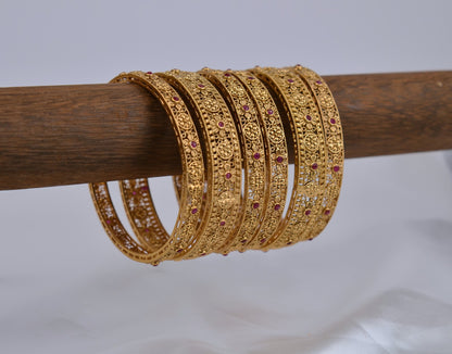 Traditional Ruby Floral Craved Set of 6 Bangles