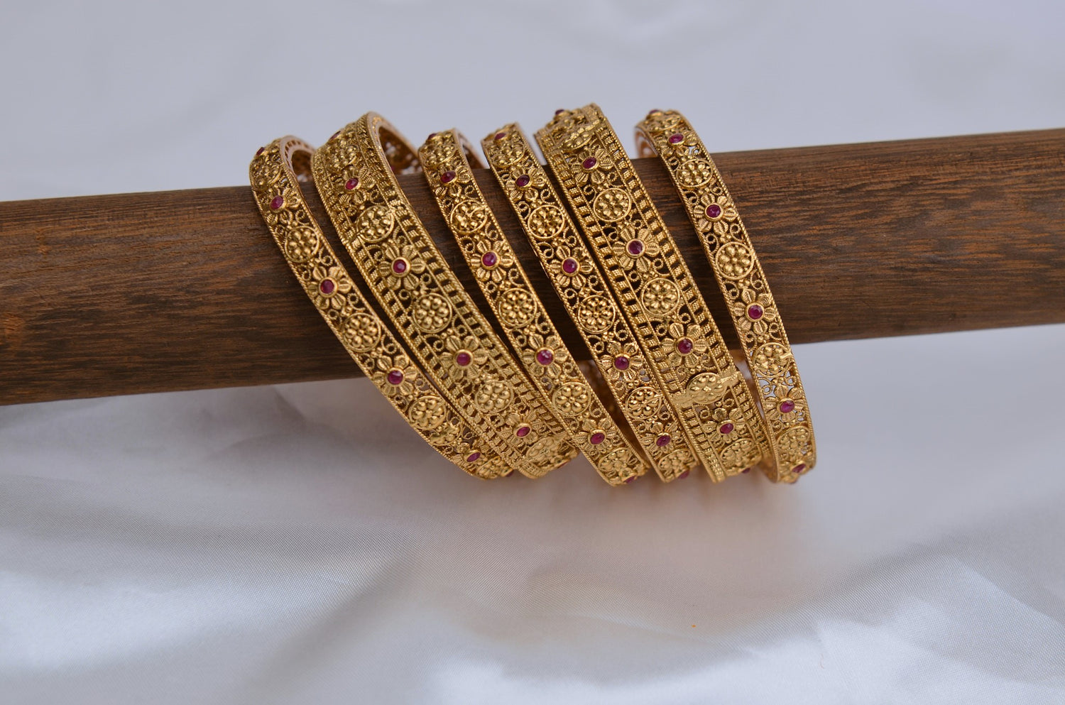 Traditional Ruby Floral Craved Set of 6 Bangles