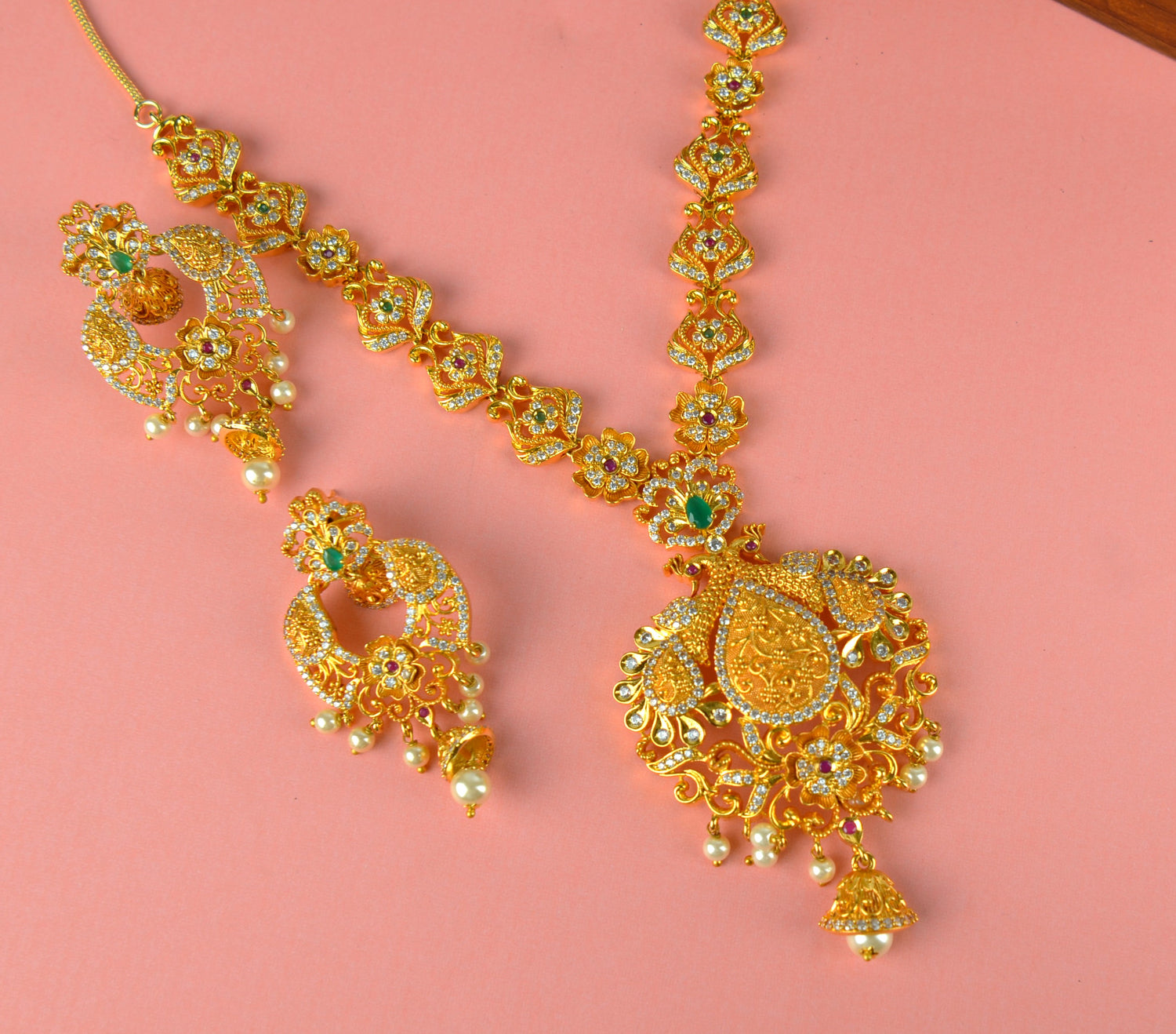 Traditional Peacock Meenakari Necklace With Earrings Set