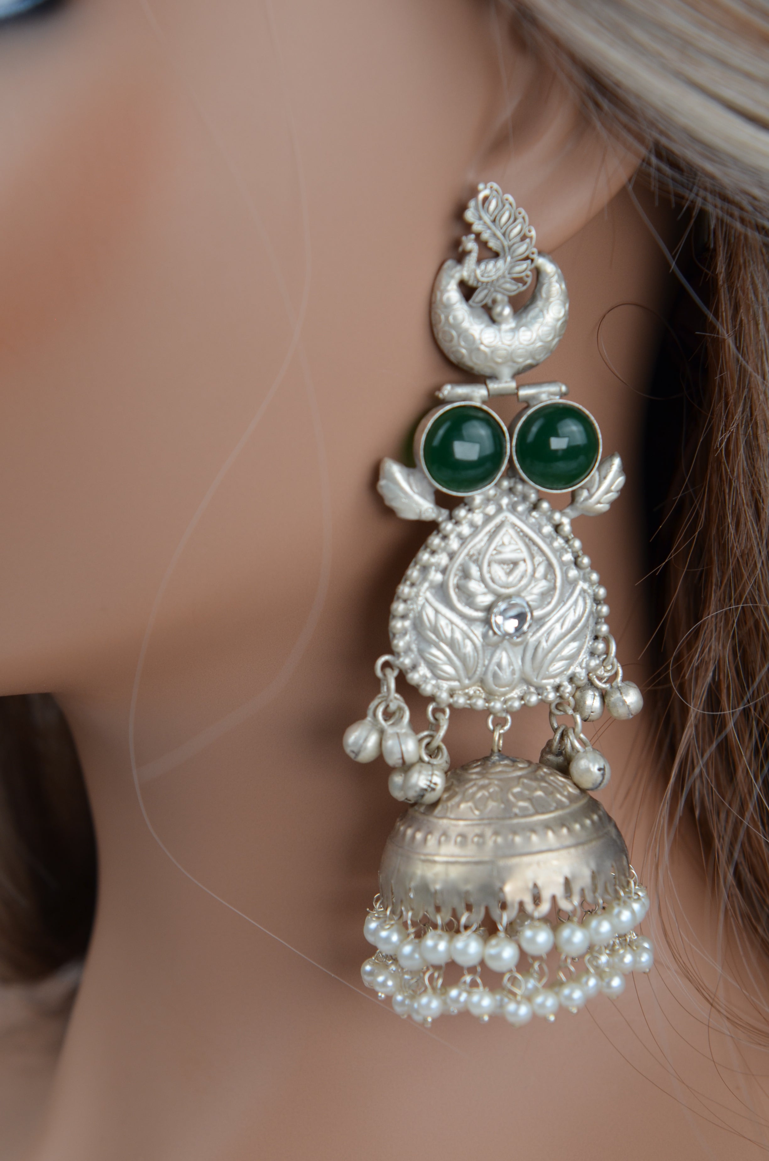 925 Silver Coated Handcrafted Peacock Long Jhumki Earrings