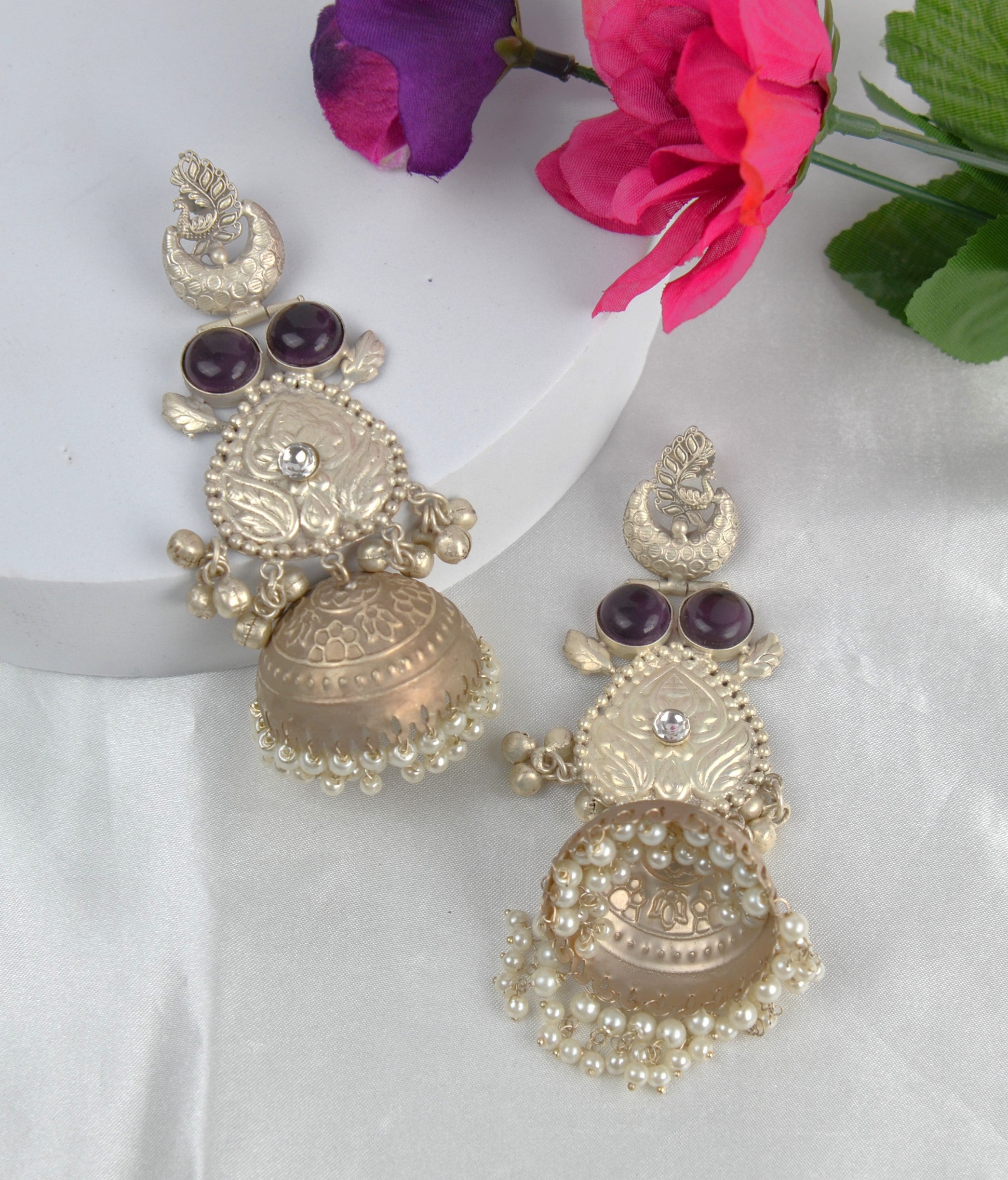 925 Silver Coated Handcrafted Peacock Long Jhumki Earrings