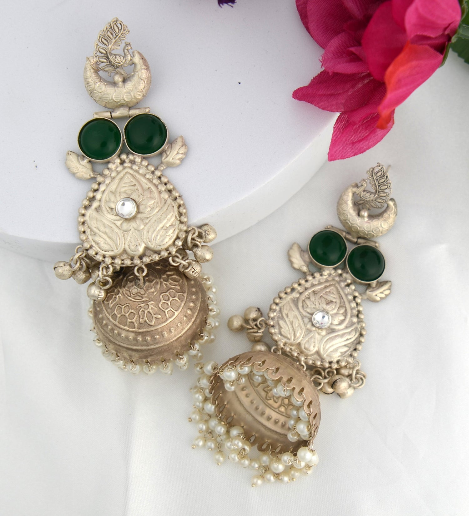 925 Silver Coated Handcrafted Peacock Long Jhumki Earrings