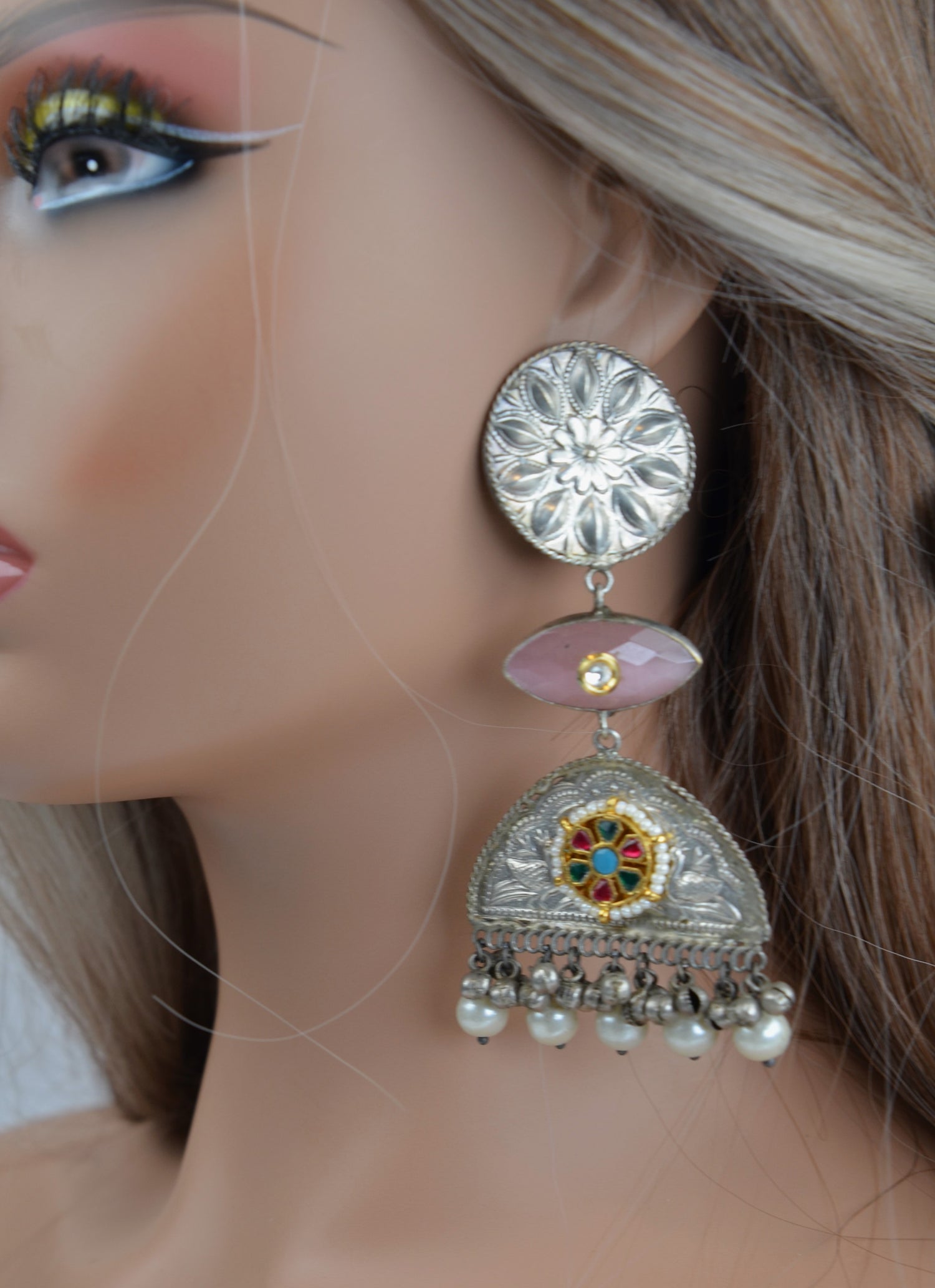 Vintage Look 925 Silver Coated Pachi Kundan Long Earrings