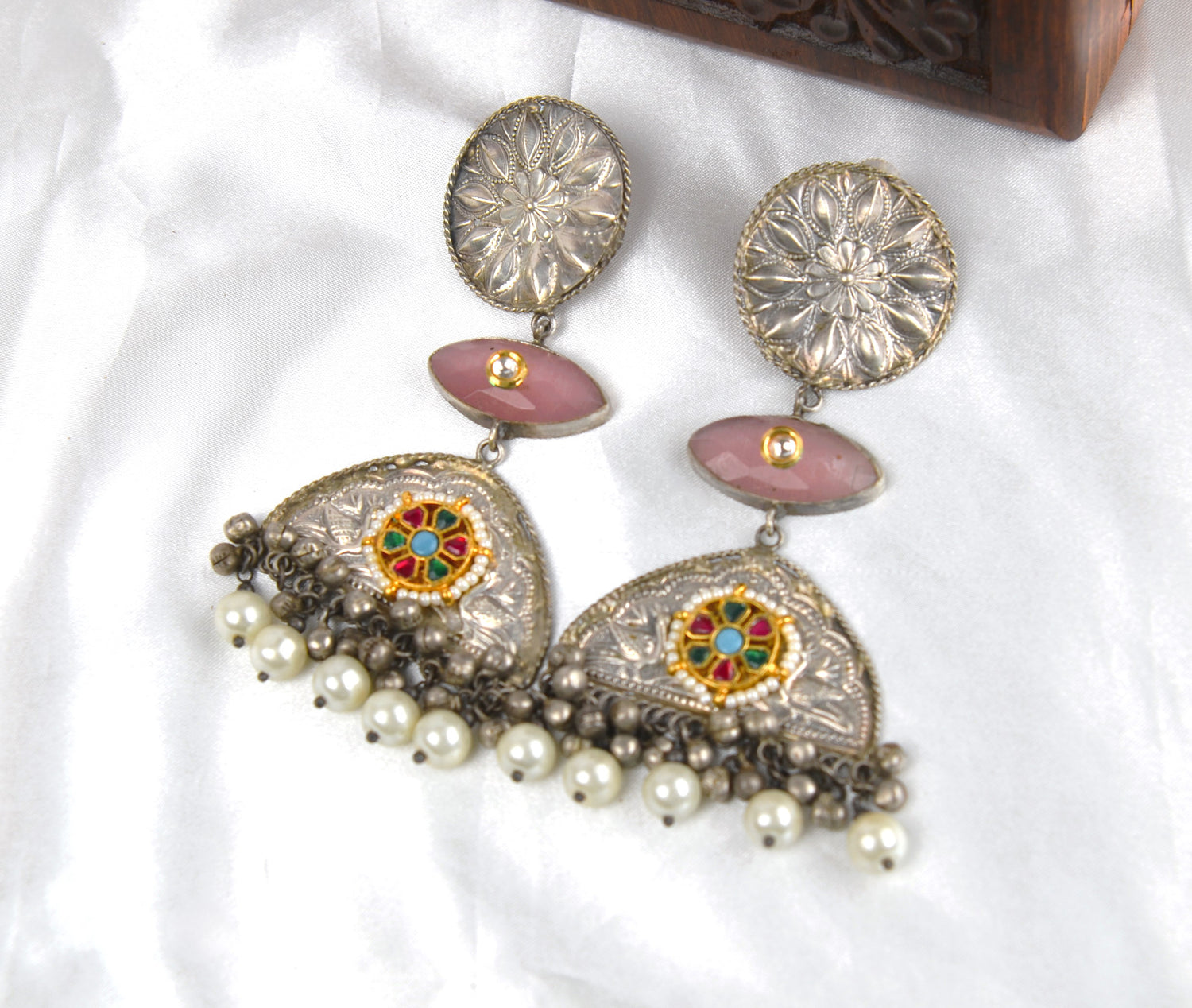 Vintage Look 925 Silver Coated Pachi Kundan Long Earrings