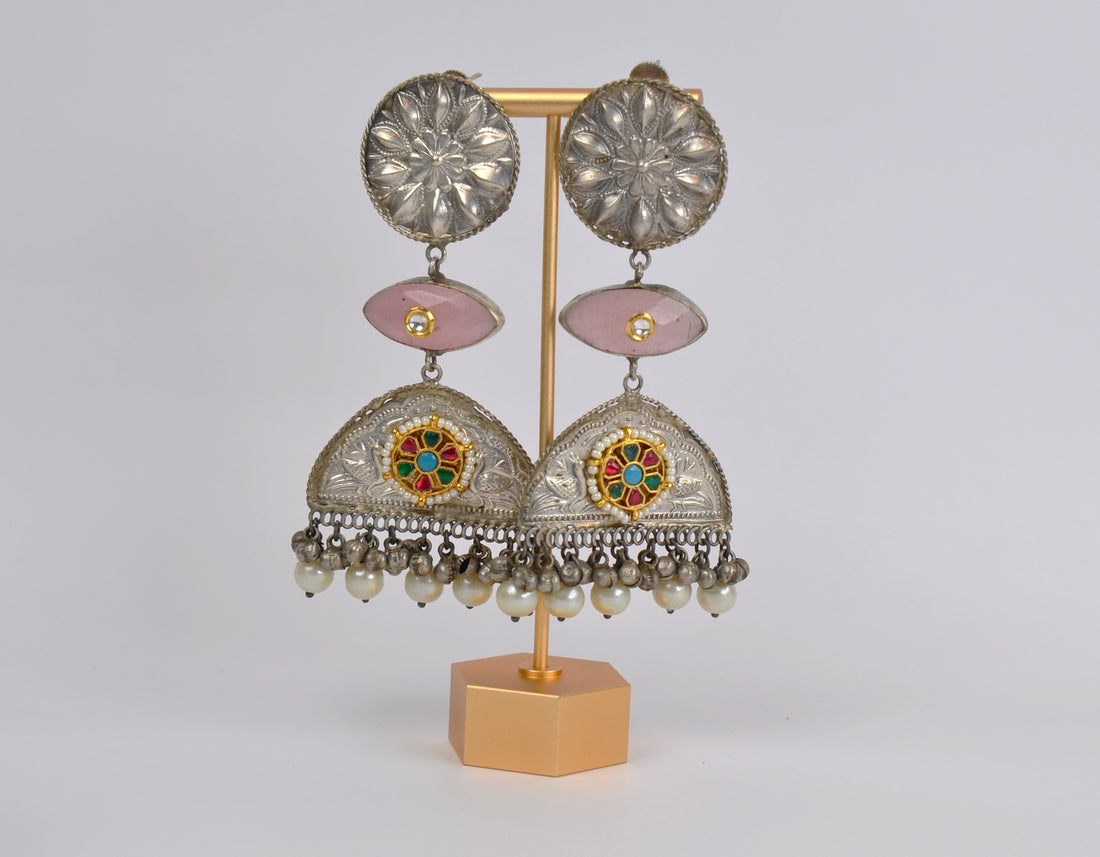 Vintage Look 925 Silver Coated Pachi Kundan Long Earrings