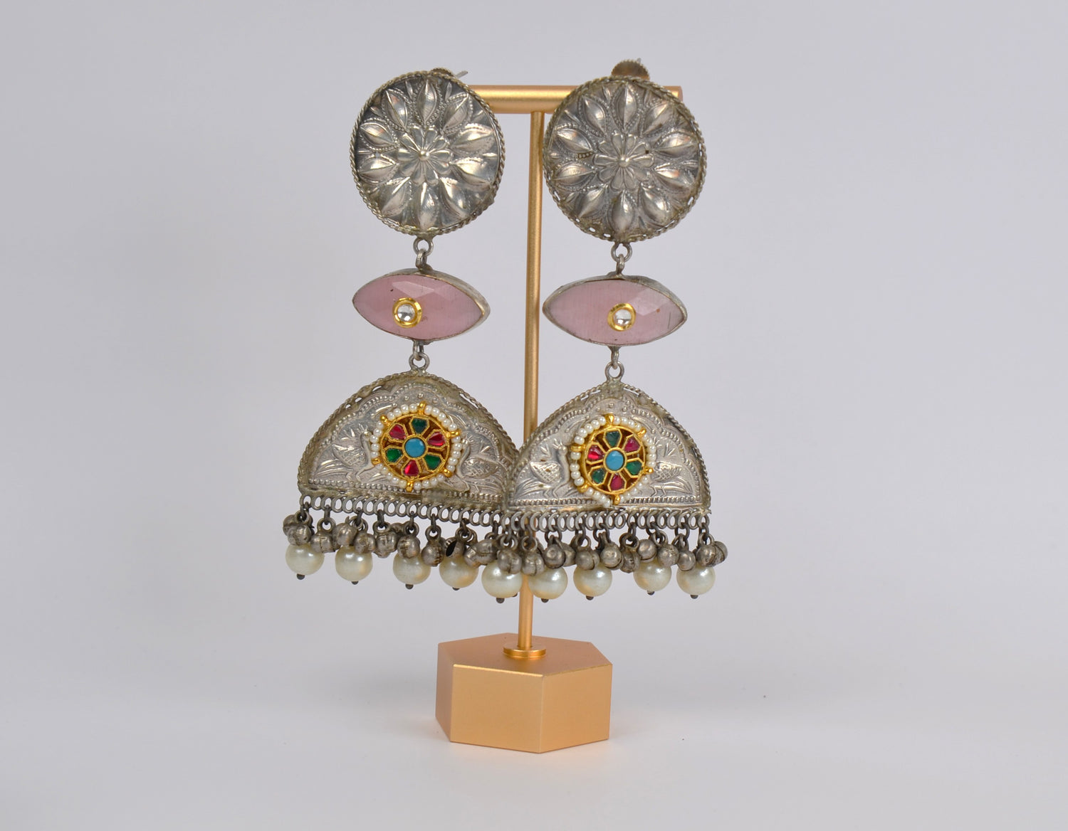 Vintage Look 925 Silver Coated Pachi Kundan Long Earrings