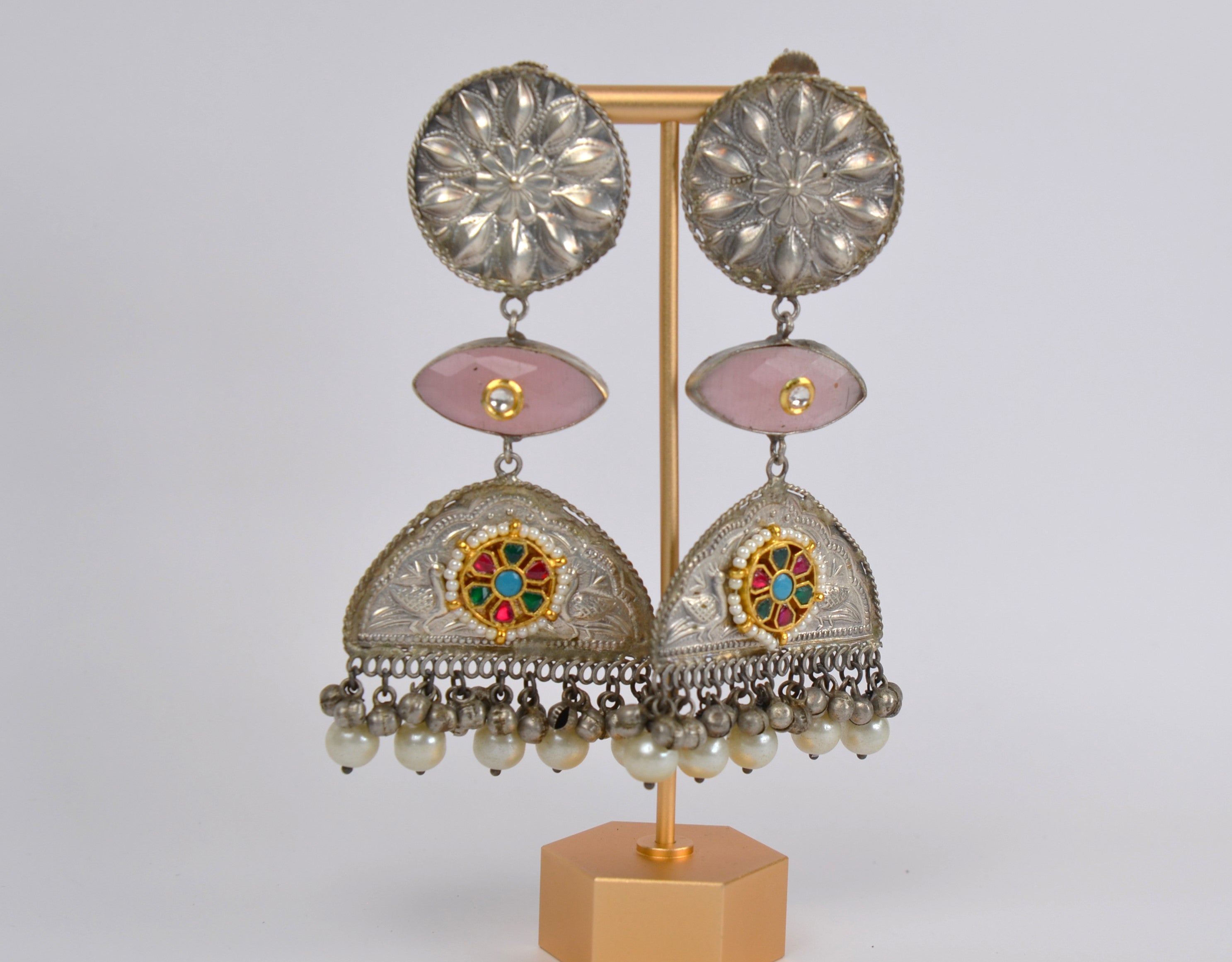 Vintage Look 925 Silver Coated Pachi Kundan Long Earrings