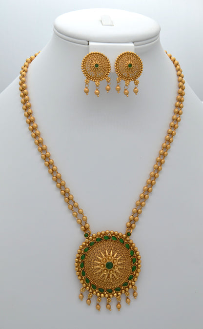 Traditional Antique Gold Pendant Matar Mala Necklace with Studs Set