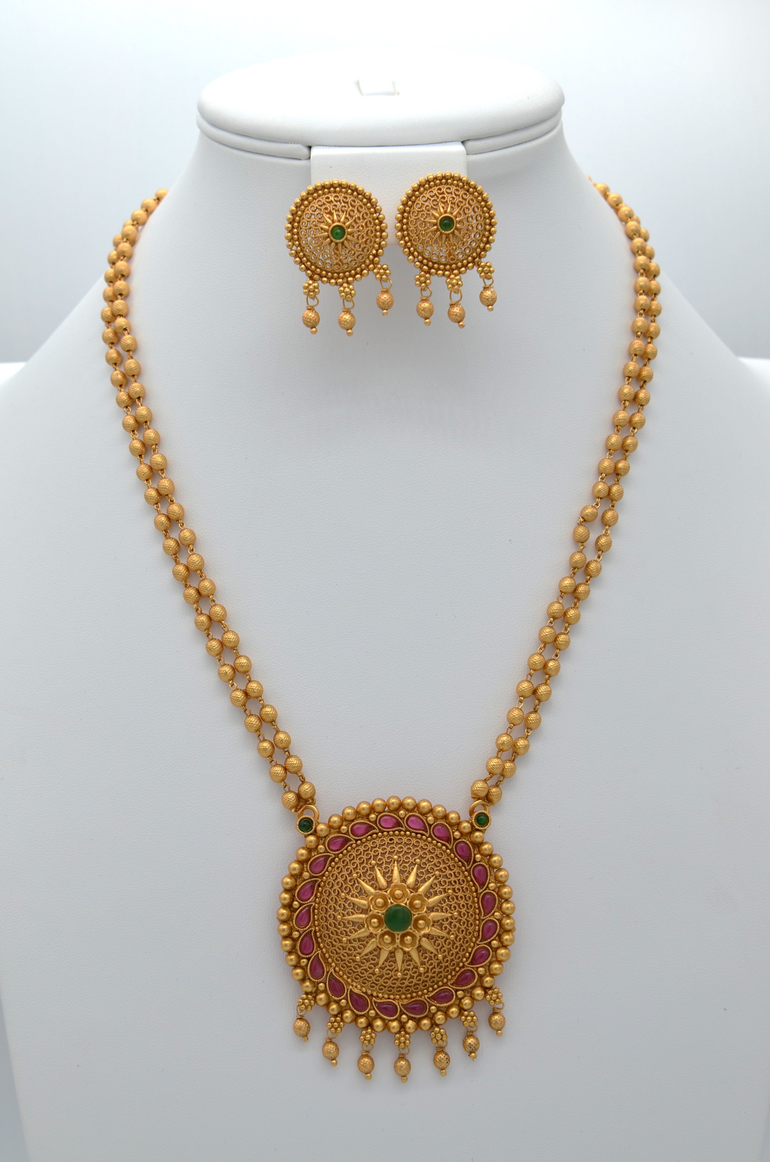 Traditional Antique Gold Pendant Matar Mala Necklace with Studs Set