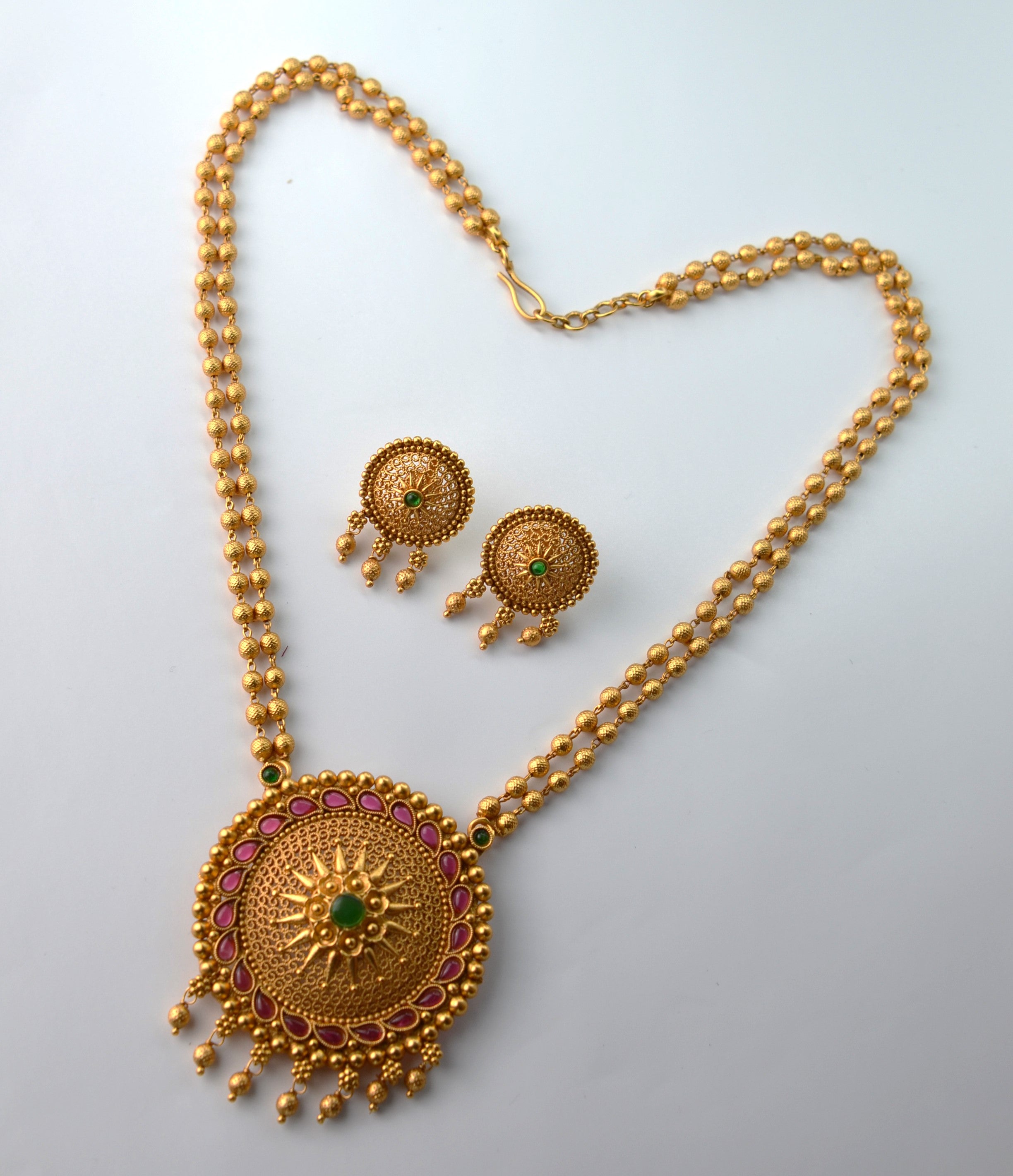 Traditional Antique Gold Pendant Matar Mala Necklace with Studs Set