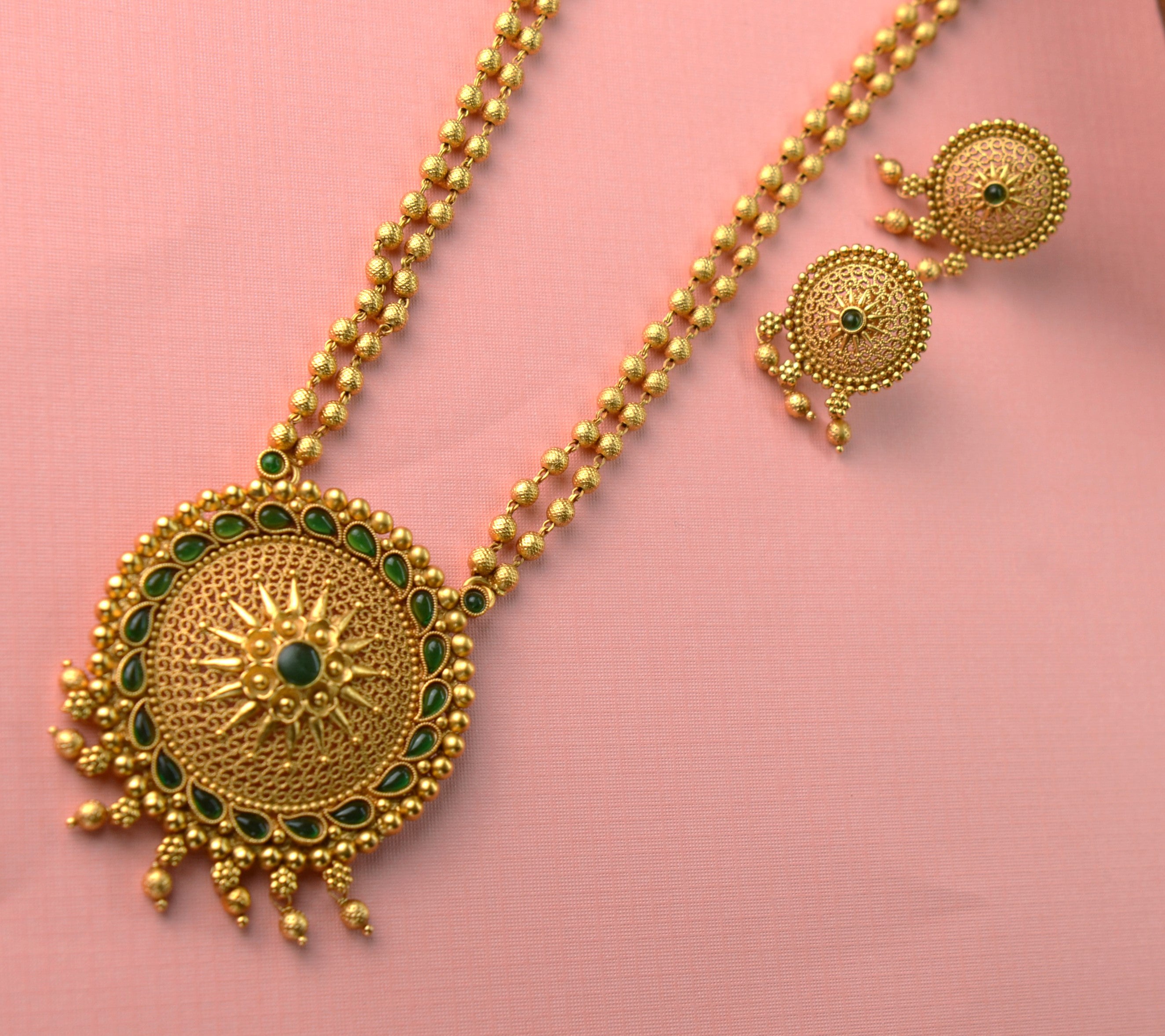 Traditional Antique Gold Pendant Matar Mala Necklace with Studs Set