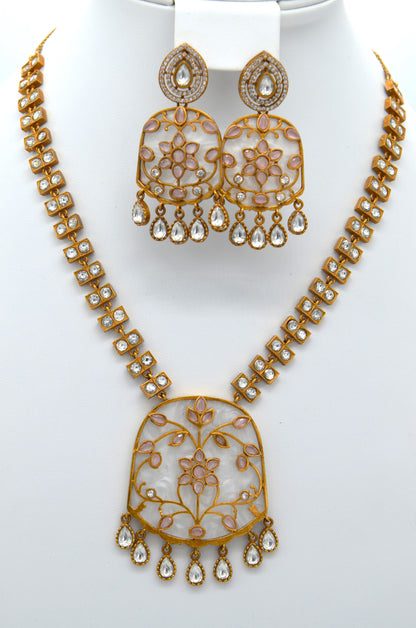 Apala Polish Pink Moissanite Polki Kundan Necklace Set