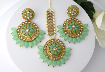 Mint Polki Earrings Maang Tikka Set