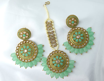 Mint Polki Earrings Maang Tikka Set