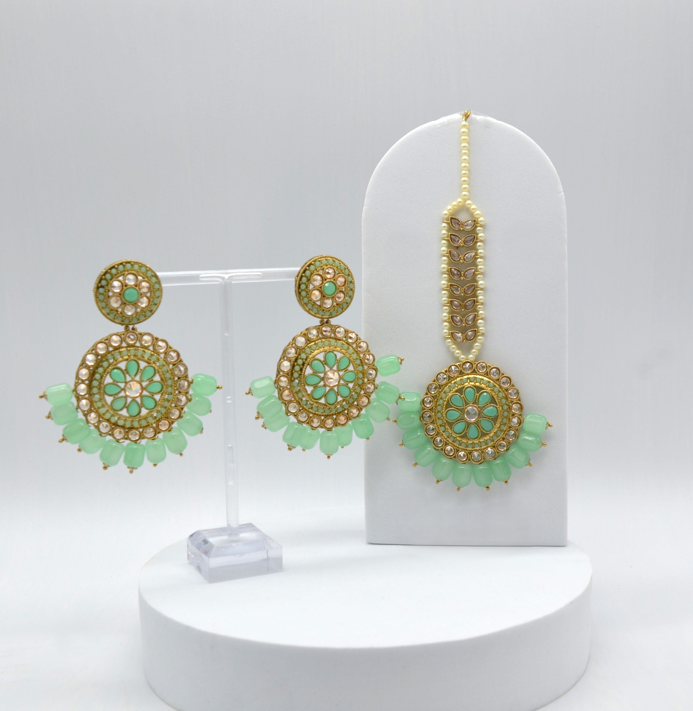 Mint Polki Earrings Maang Tikka Set