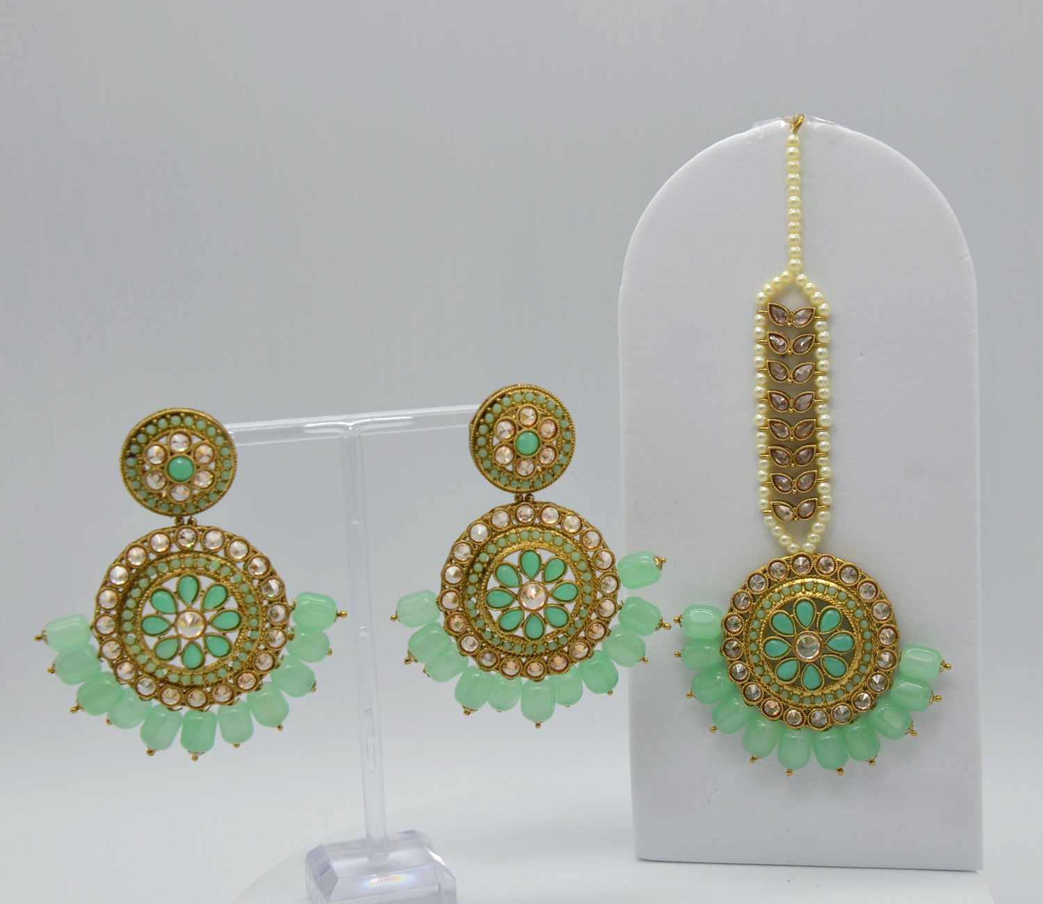 Mint Polki Earrings Maang Tikka Set