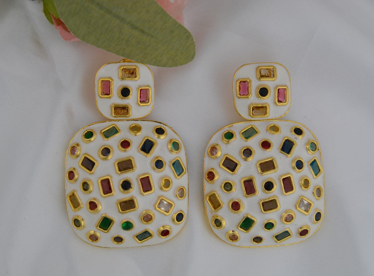 Enamel Rectangle Multi Color Crystal Earrings