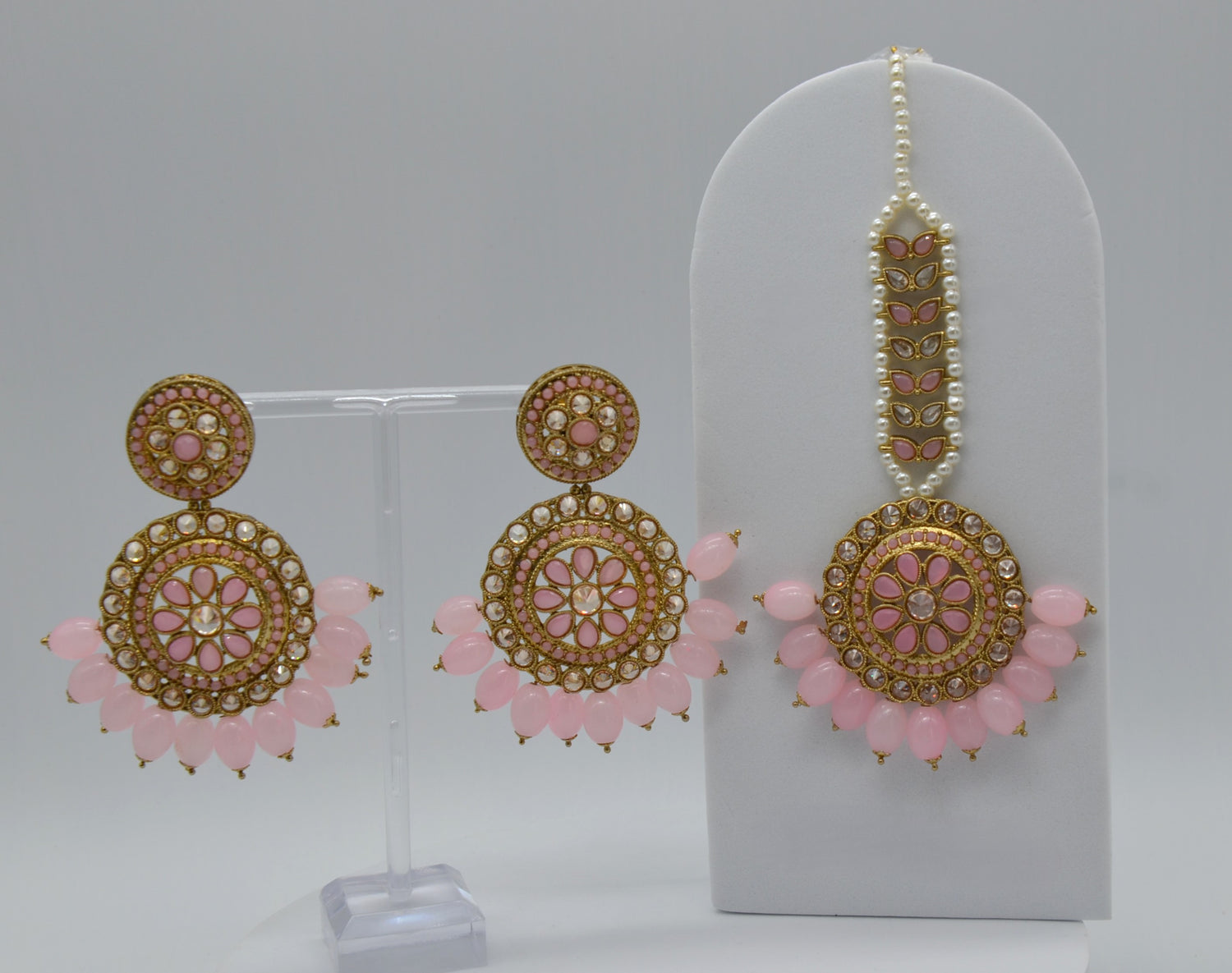 Pink Polki Earrings Maang Tikka Set