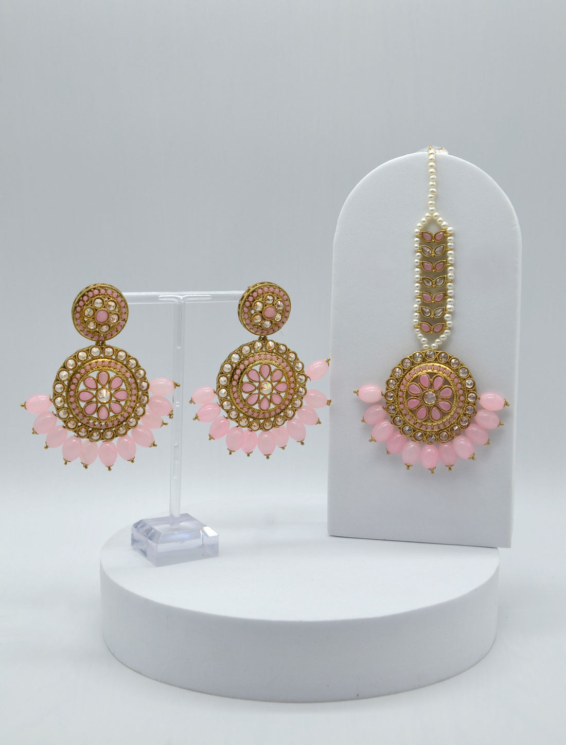 Pink Polki Earrings Maang Tikka Set