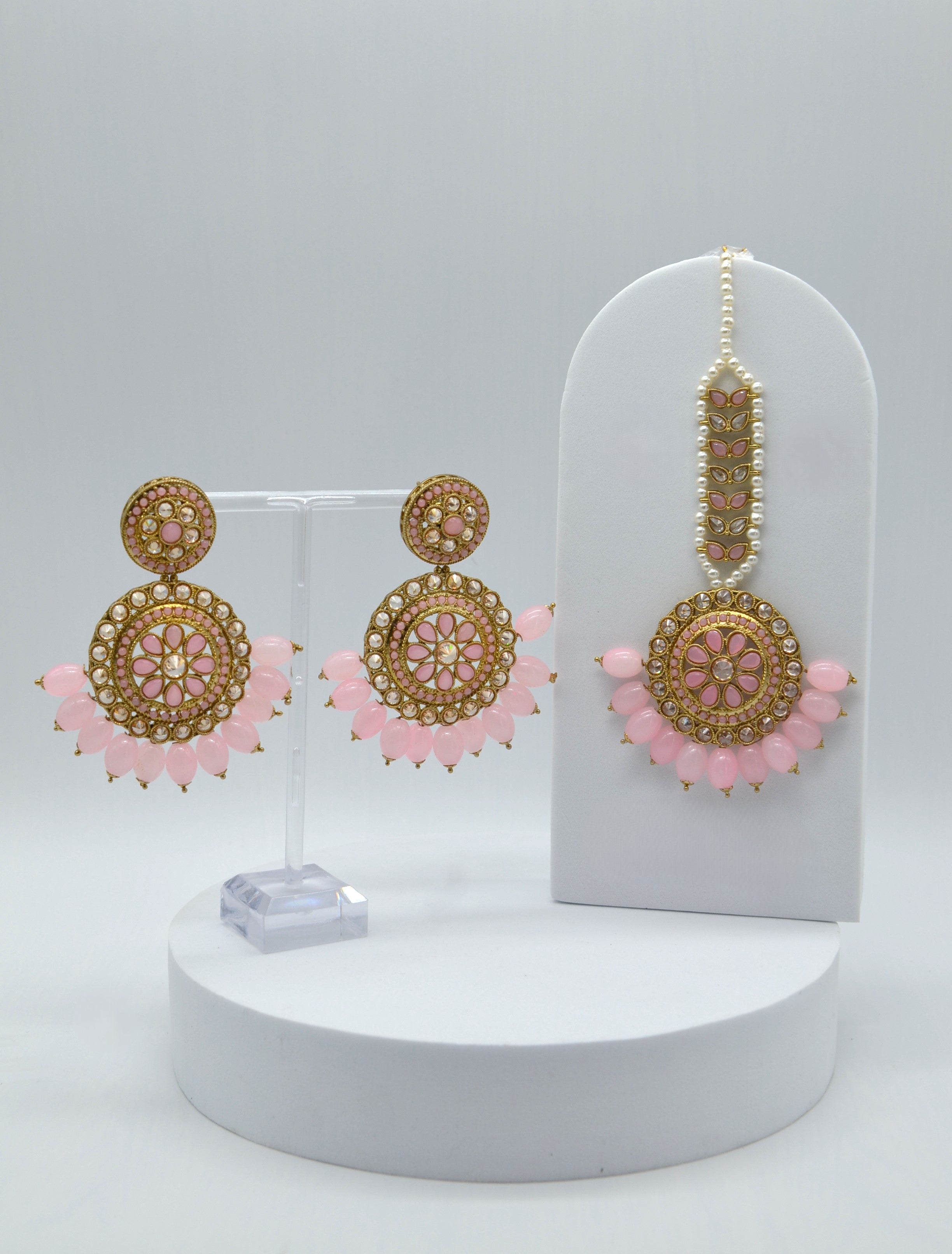 Pink Polki Earrings Maang Tikka Set