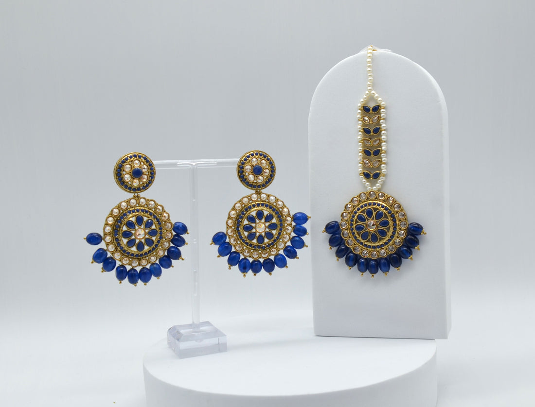 Royal Blue Polki Earrings Maang Tikka Set