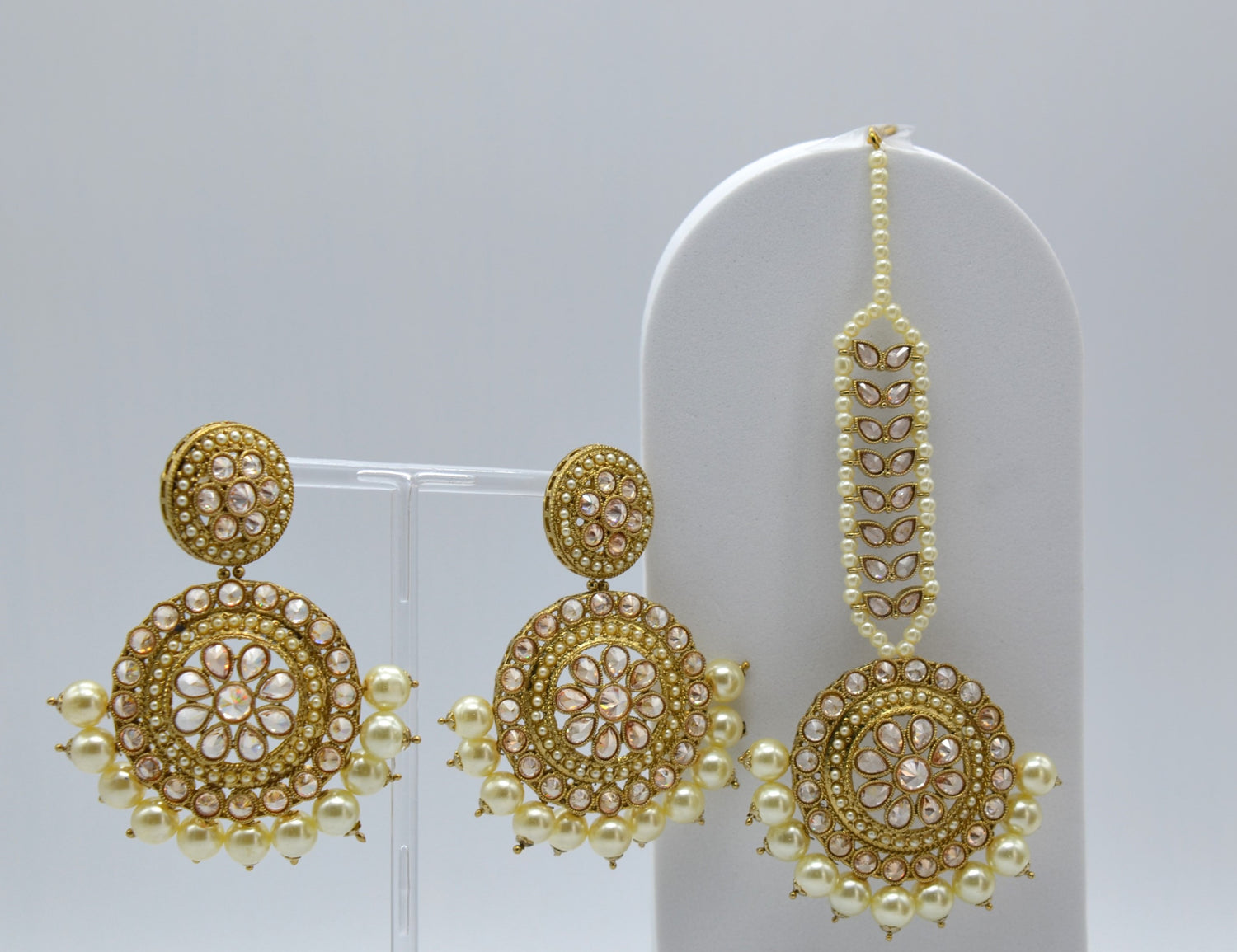 Pearl Polki Earrings Maang Tikka Set