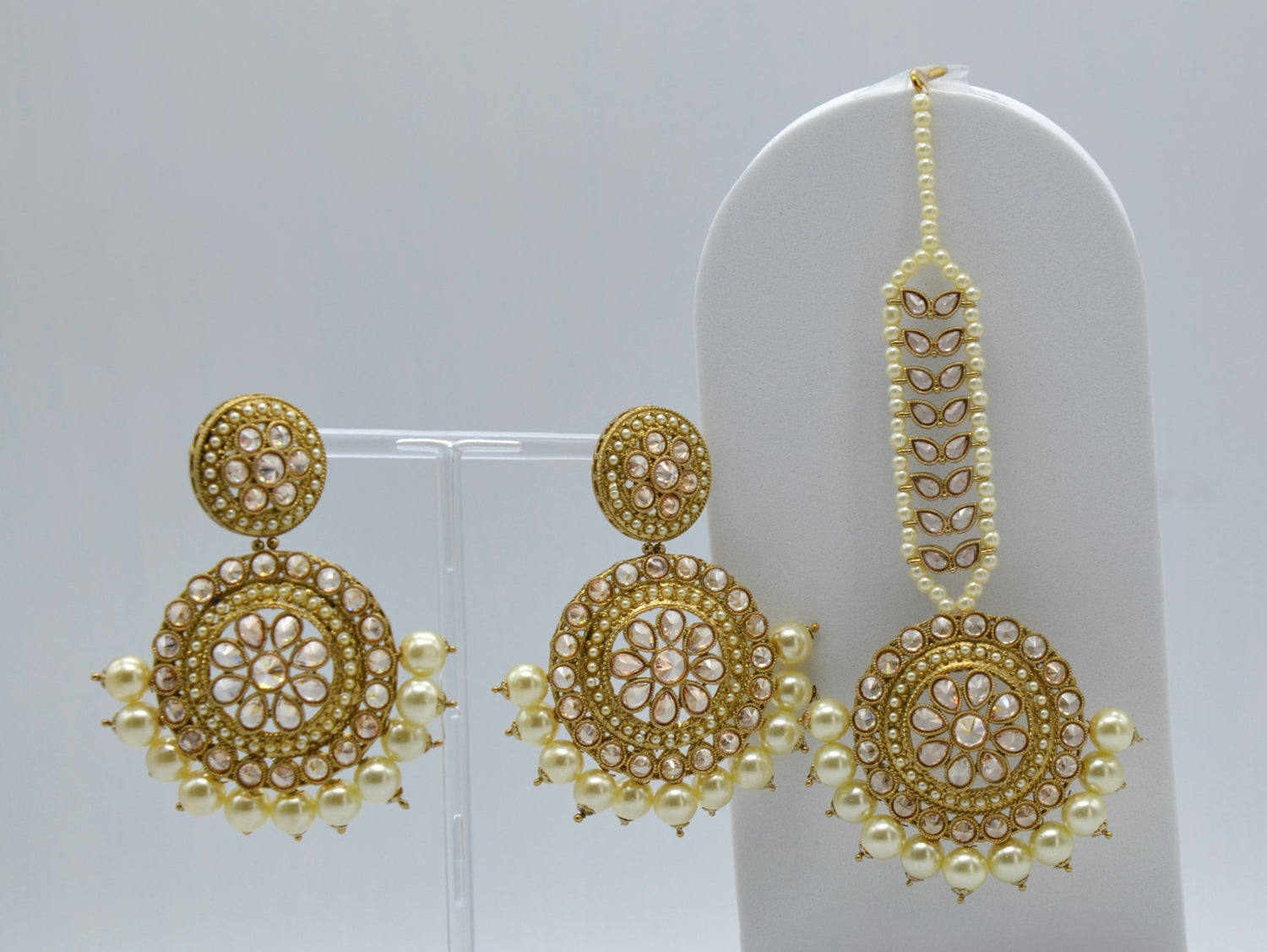 Pearl Polki Earrings Maang Tikka Set