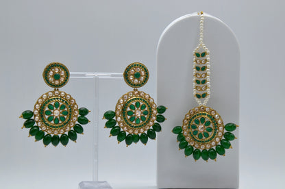 Green Polki Earrings Maang Tikka Set