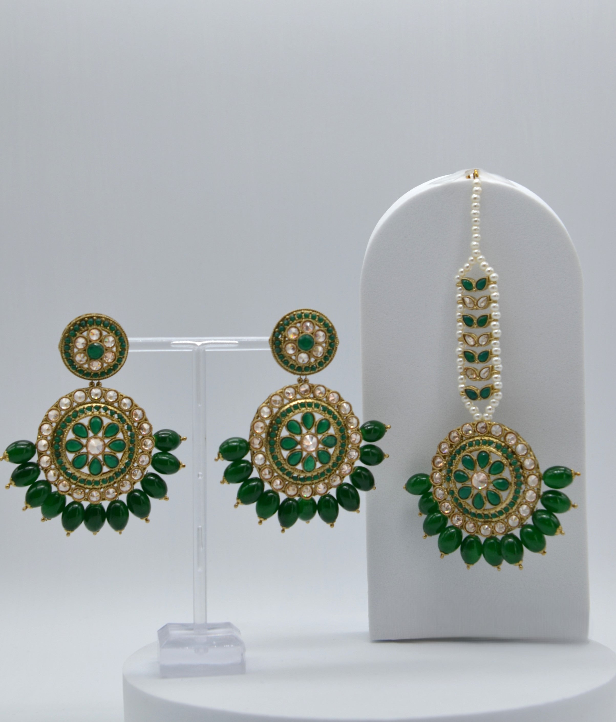 Green Polki Earrings Maang Tikka Set