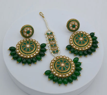 Green Polki Earrings Maang Tikka Set