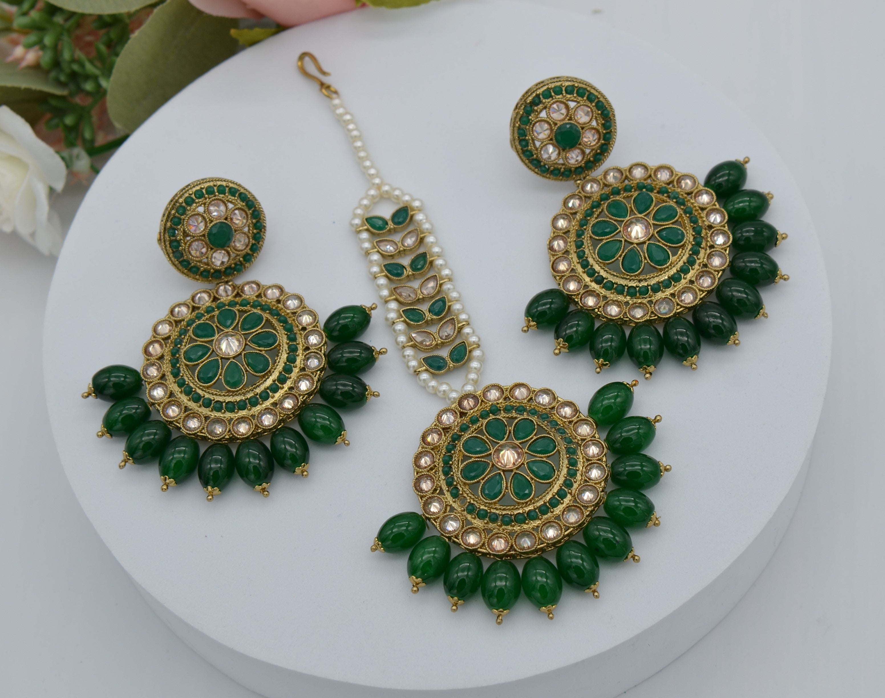 Green Polki Earrings Maang Tikka Set