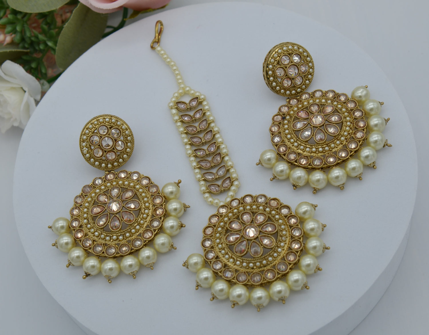 Pearl Polki Earrings Maang Tikka Set