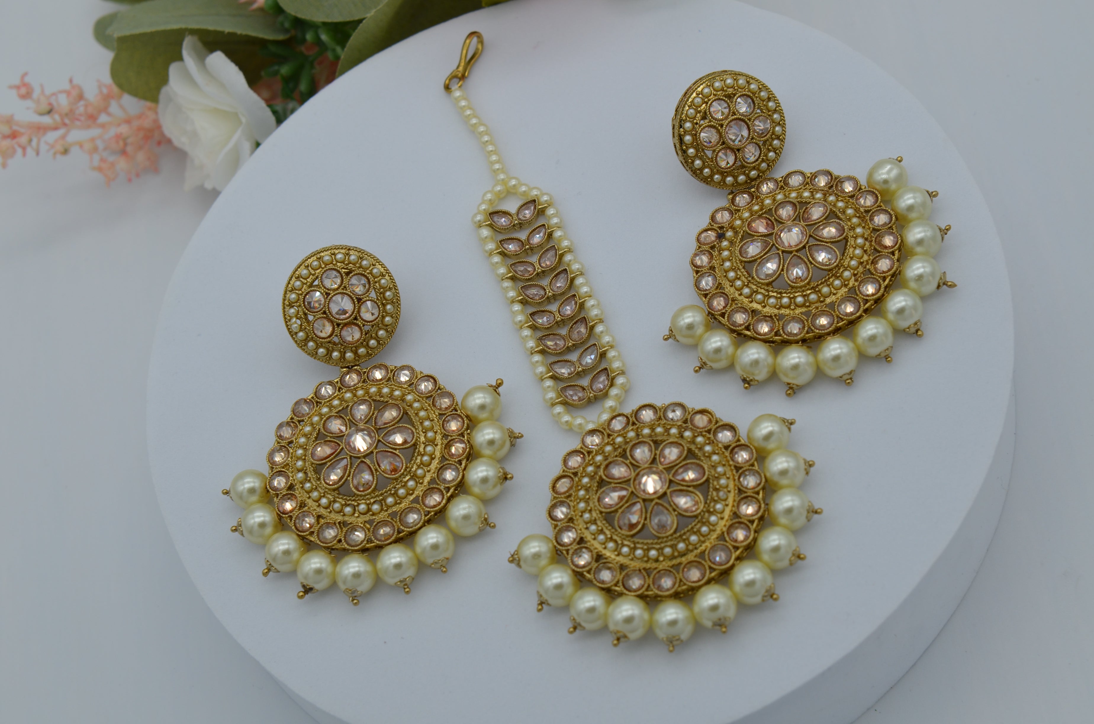 Pearl Polki Earrings Maang Tikka Set