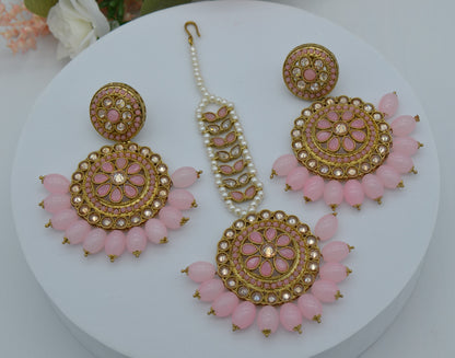 Pink Polki Earrings Maang Tikka Set