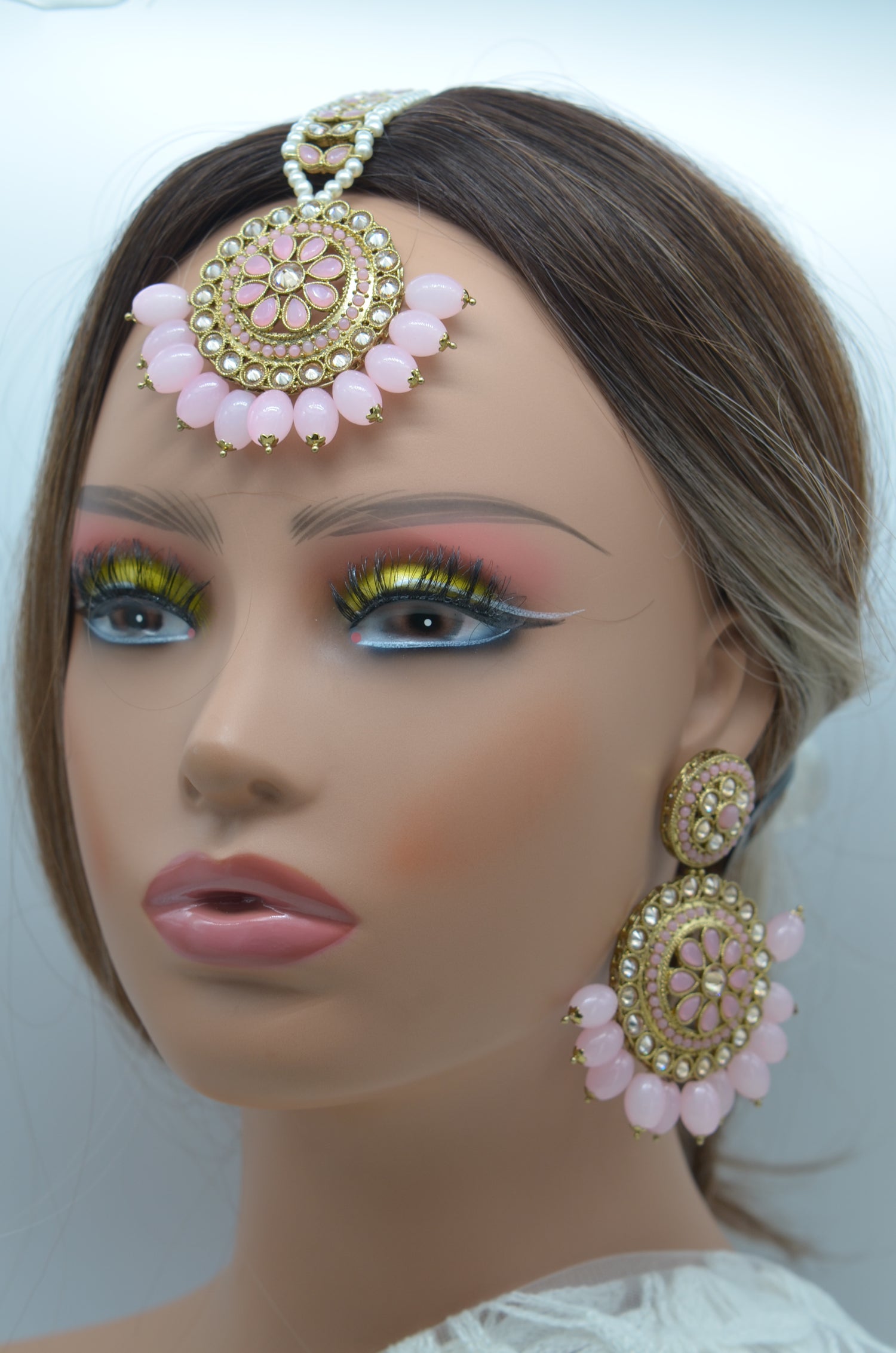 Pink Polki Earrings Maang Tikka Set