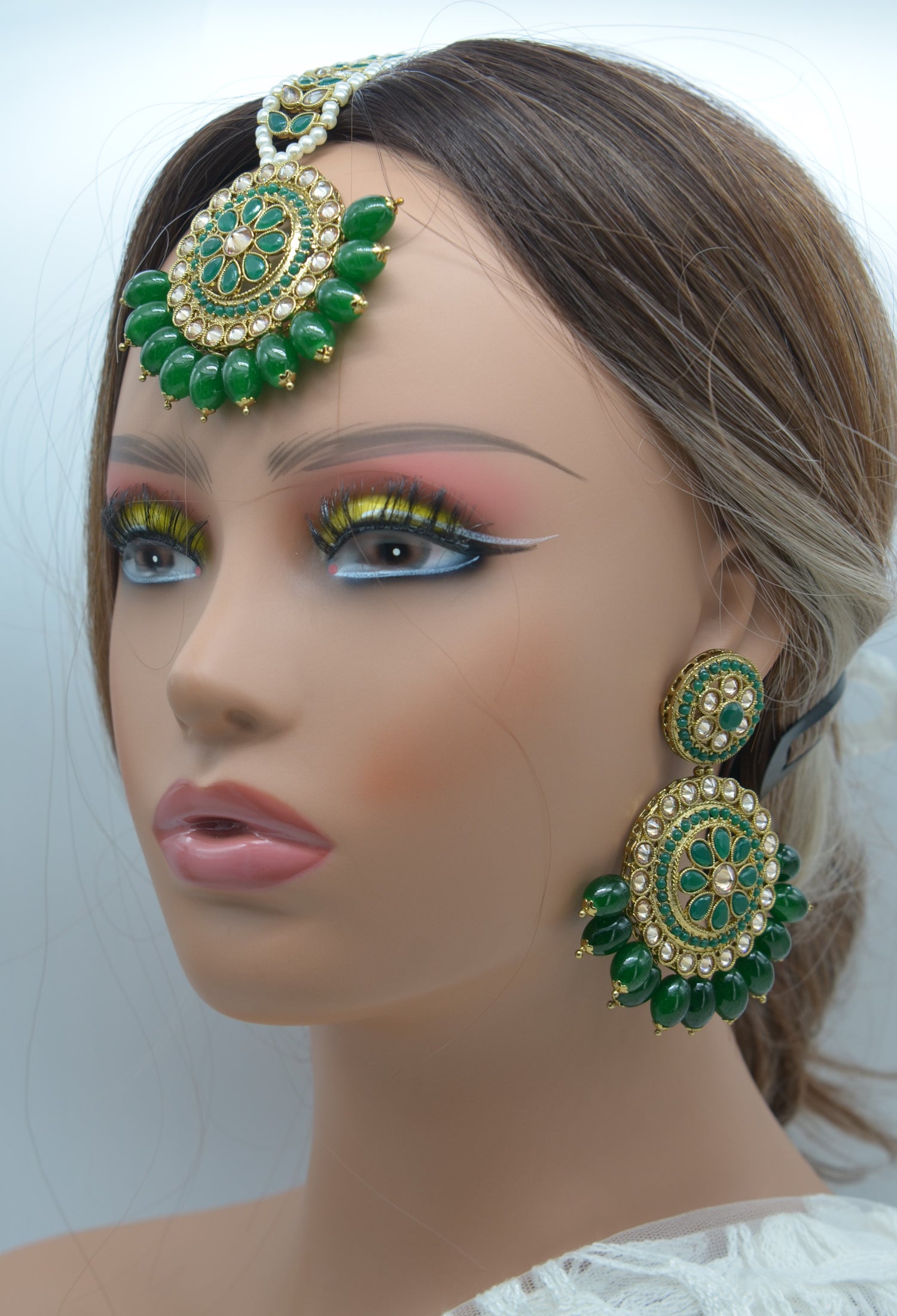 Green Polki Earrings Maang Tikka Set