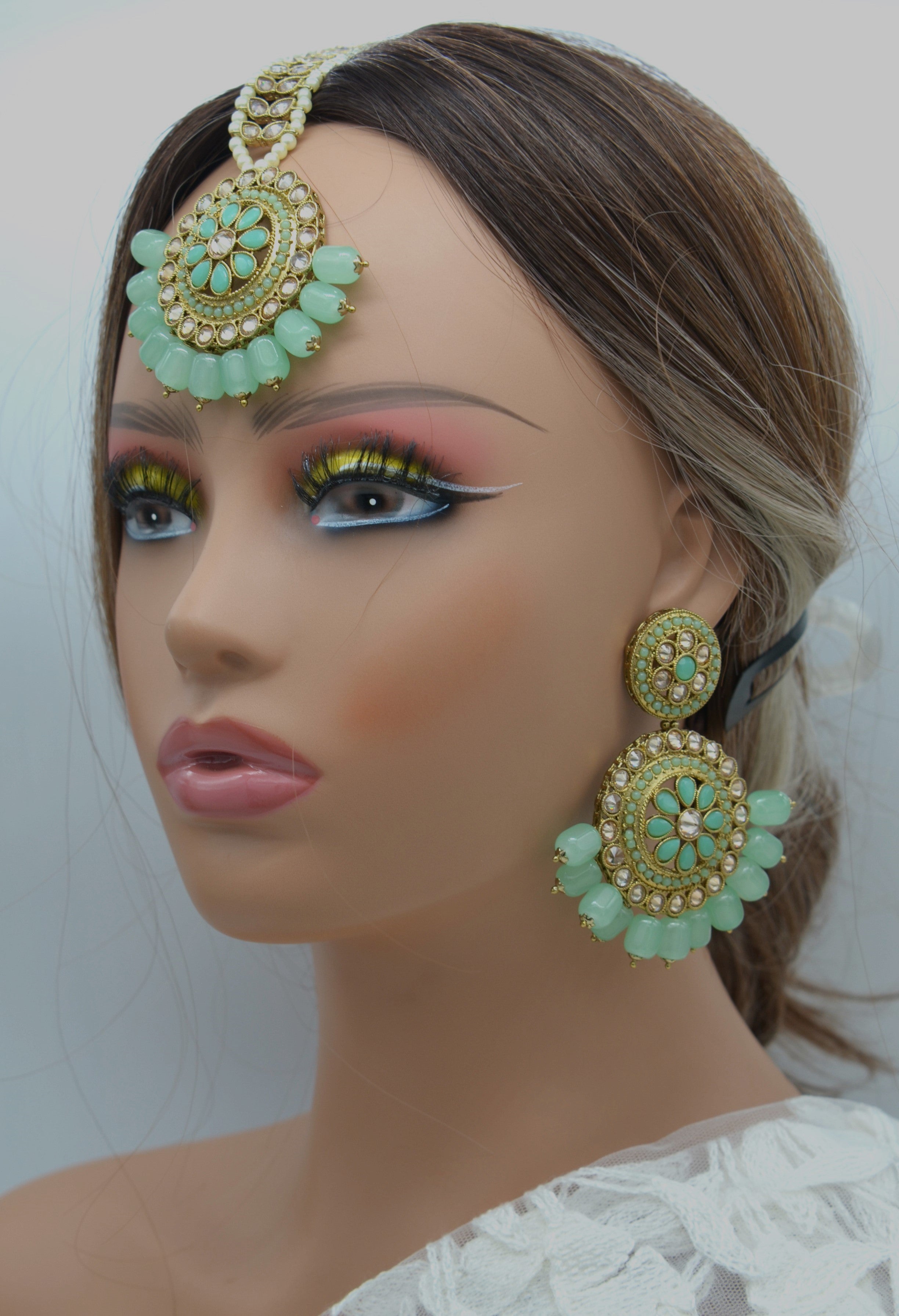 Mint Polki Earrings Maang Tikka Set