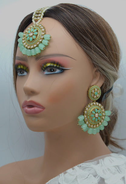 Mint Polki Earrings Maang Tikka Set