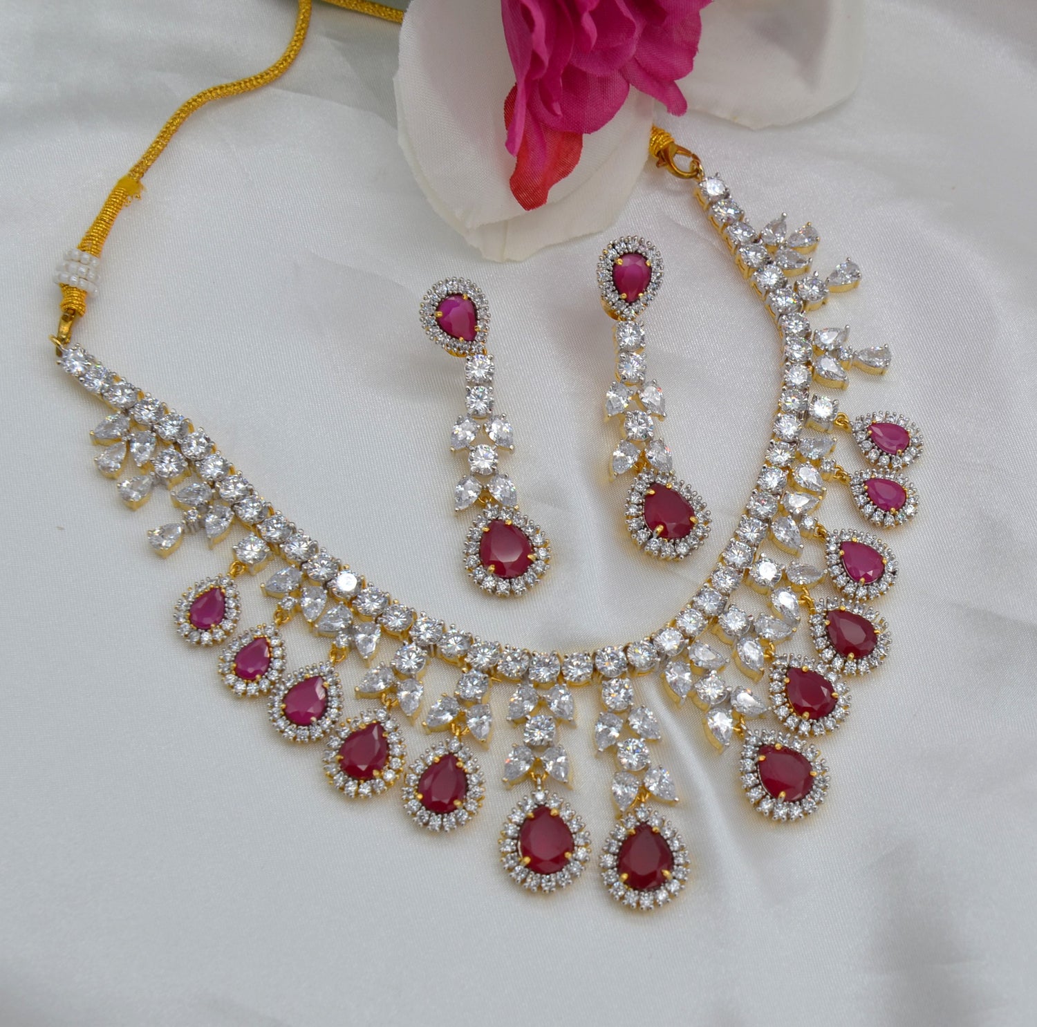 Ruby Swarovski Diamond Necklace Earrings Set