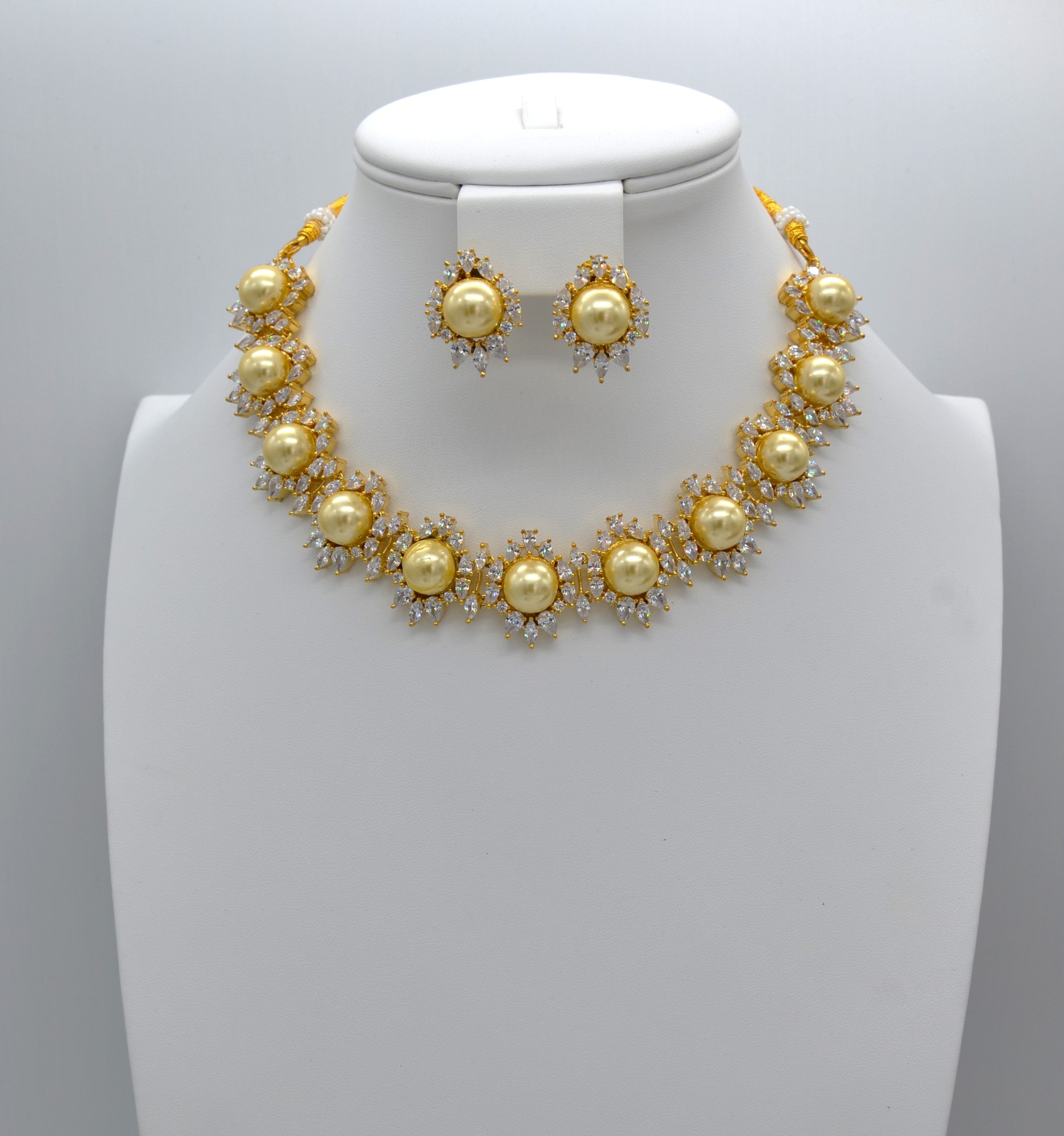 Golden Champagne Pearl Collar Necklace Earrings Set