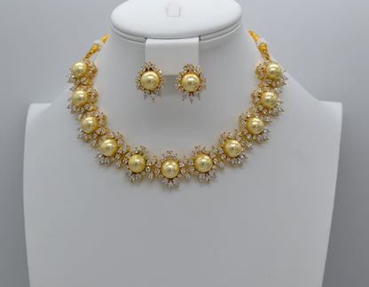 Golden Champagne Pearl Collar Necklace Earrings Set