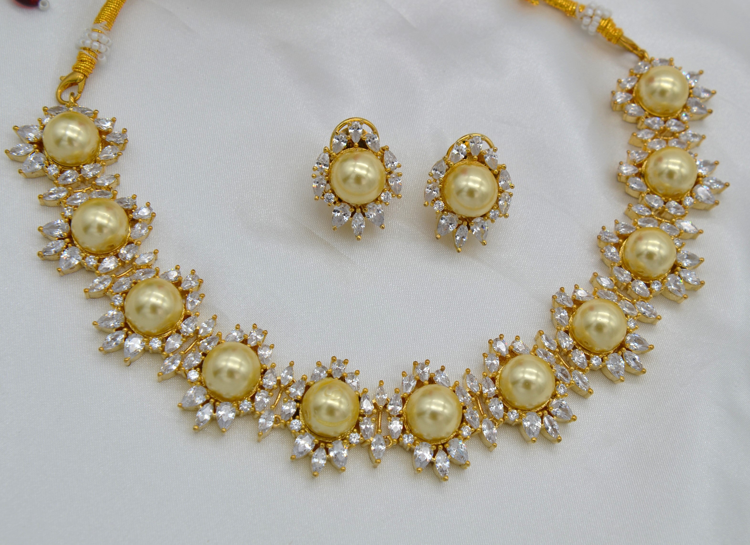 Golden Champagne Pearl Collar Necklace Earrings Set