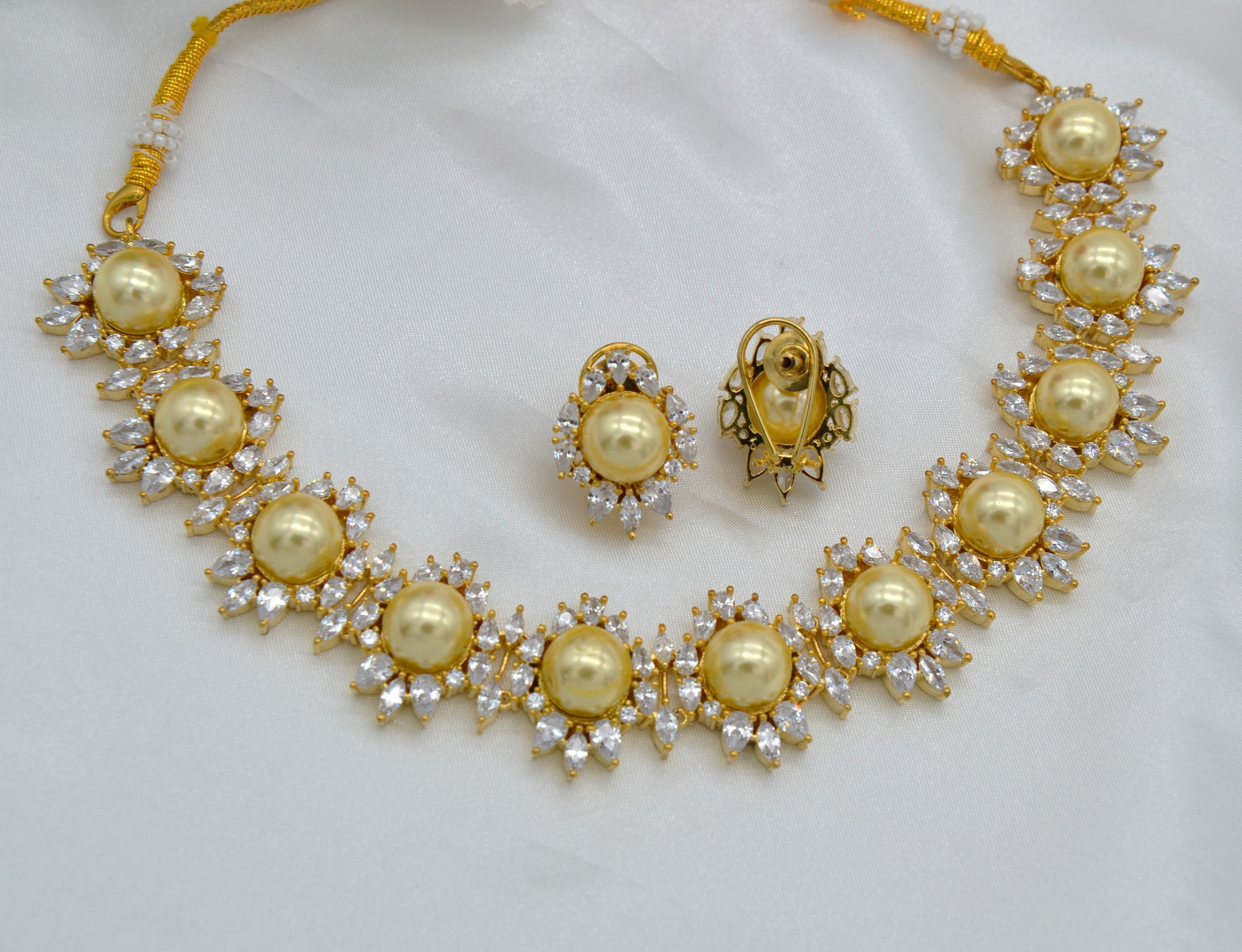 Golden Champagne Pearl Collar Necklace Earrings Set