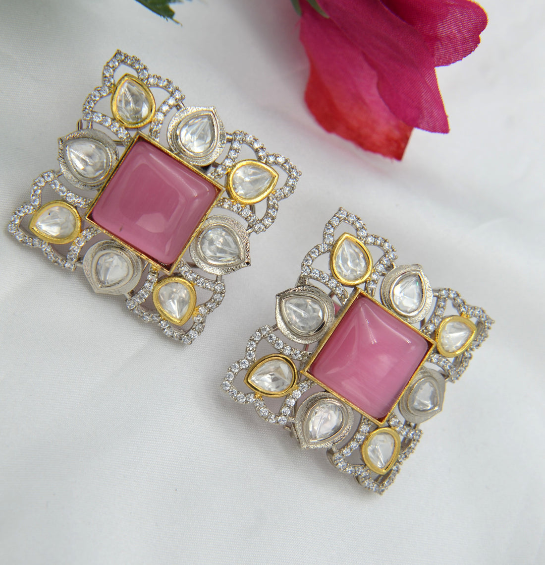 Pink Oversized Kundan Studs &amp; Finger Ring Set