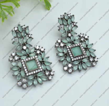 Monalisa Cz Studded Earrings In Victorian Finish Mint Green