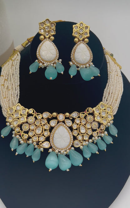 Amrapali Inspired Carved Stone Silver Foiled Kundan with AD Necklace Choker Set