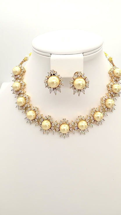 Golden Champagne Pearl Collar Necklace Earrings Set